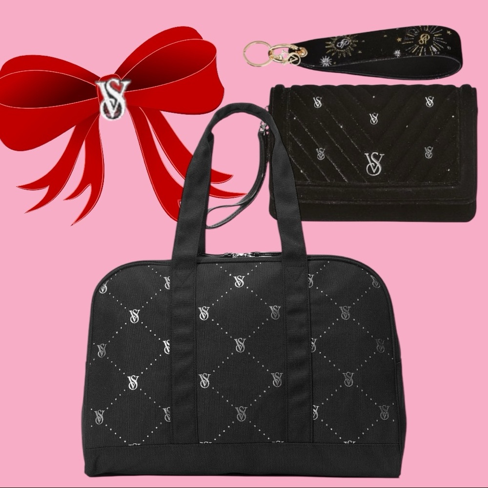 Victoria’s Secret 3 Piece Diamanté Shine VS LOGO Duffle Bag Bundle